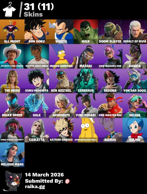 [PC/PSN/XBOX] 31 skins | All Might | Son Goku | Vegeta | Hulk | Doom Slayer | Geralt of Rivia | Die With A Smile Bruno | Slayer Juice WRLD