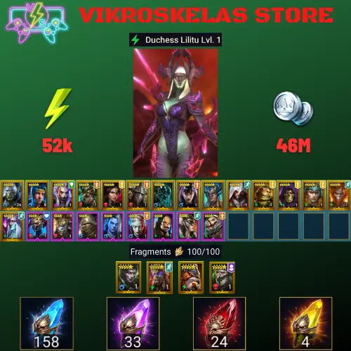 Starter with Lilitu + Shards : 158 Ancient, 33 Void, 24 Primal, 4 Sacred | Ninja + 17 Login Legendary | Mine max