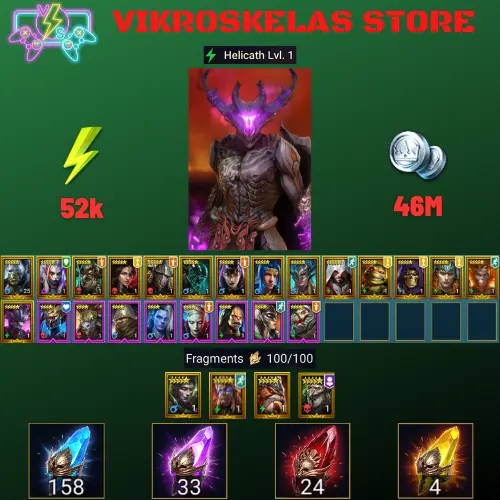 Starter with Helicath + Shards : 158 Ancient, 33 Void, 24 Primal, 4 Sacred | Ninja + 17 Login Legendary | Mine max