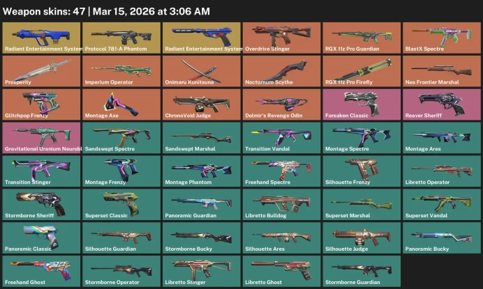 EU / 47 skins / RGX 11z Pro Firefly / Nocturnum Scythe / Protocol 781-A Phantom /