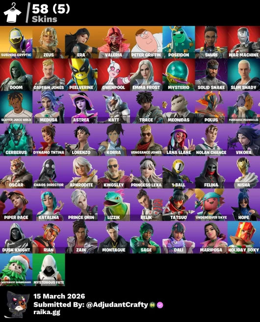 [PC] 58 skins | Subzero Cryptic | Zeus | Era | Valeria | Peter Griffin | Poseidon | Shuri | War Machine | Doom | Captain Jones | Peelverine | 90