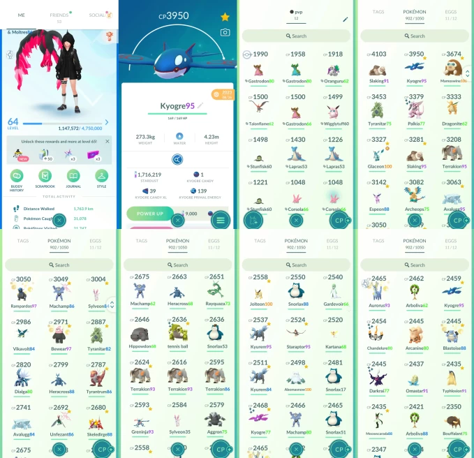 AC1343 -lv 64 Mystic | x15 3000CP | x126 2000CP | x72 Legendary | x90 shiny | x21 100IV | pvp 1500 team | Moltres Galarian | shiny Kyogre Groudo