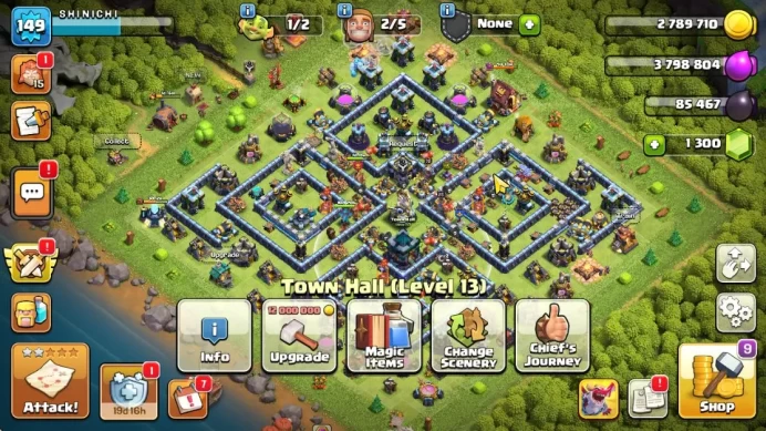TH 13 - BH 8|Limited Skin|LV 149|HH 7|BK 70,AQ 73,GW 48,MP 45,RC 25|CN OFF|Protect OFF|TAKE MAIL(COC2040)