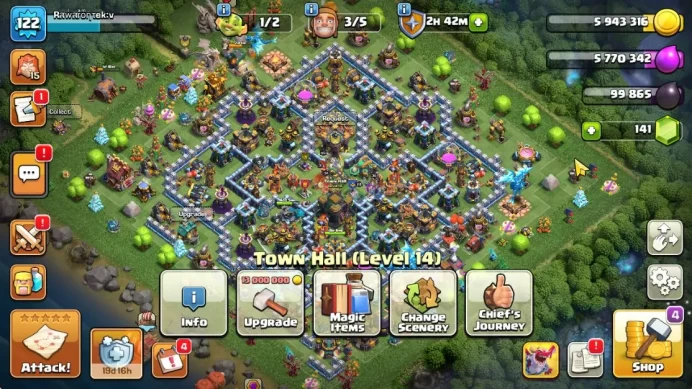 TH 14 - BH 7|Limited Skin|LV 122|HH 8|BK 51,AQ 56,GW 36,MP 35,RC 24|CN ON|Protect OFF|TAKE MAIL(COC2041)