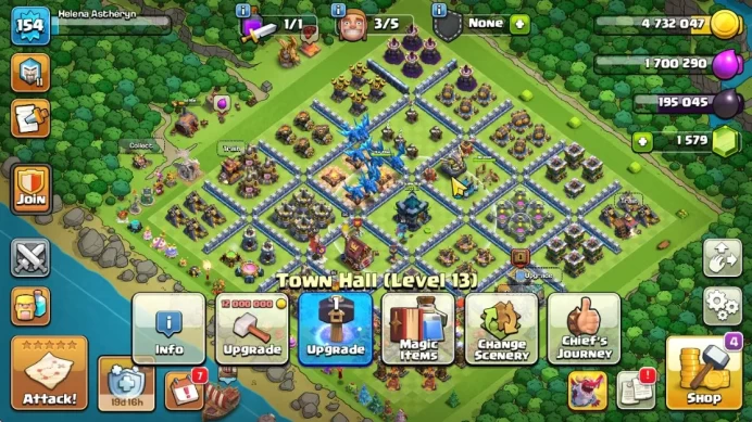 TH 13 - BH 8|Limited Skin|LV 154|HH 7|BK 65,AQ 65,GW 40,MP 40,RC 1 + 1,5K GEMS|CN OFF|Protect OFF|TAKE MAIL(COC2042)