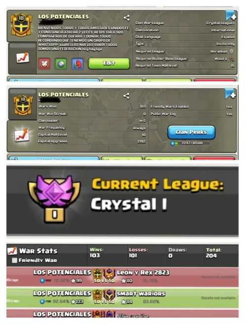 || CRYSTAL 1 + LEVEL 18.1 + CC 10 || NAME: LOS POTENCIALES || 103 WINS 101 LOSSES 0 DRAWS