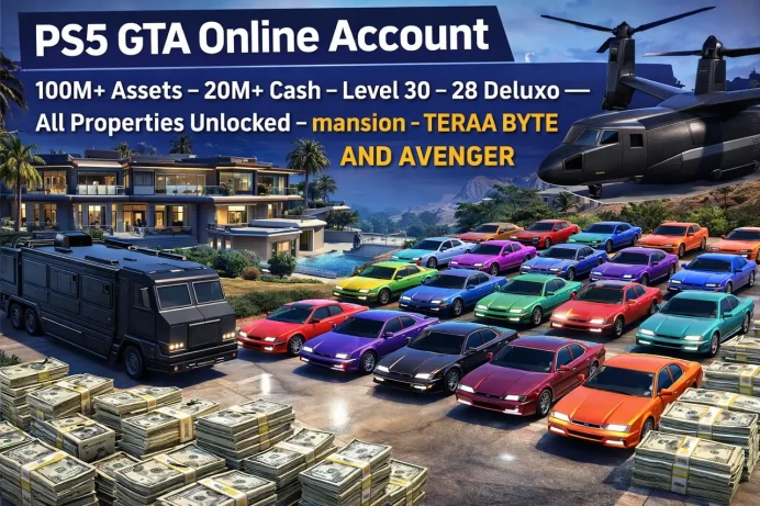 PS5 GTA Online Account – 100M+ Assets – 20M+ Cash – Level 30 – 28 Deluxo –– All Properties Unlocked – mansion