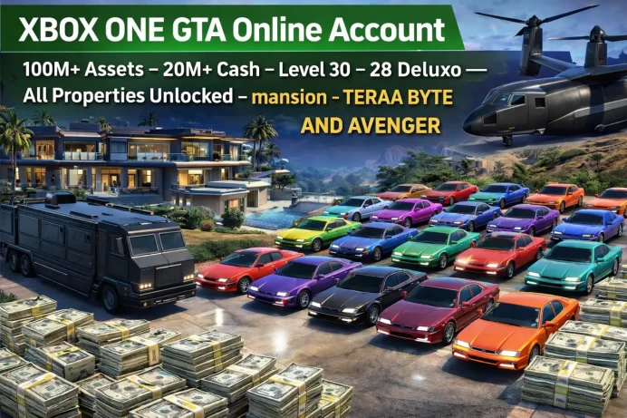 XBOX ONE  GTA Online Account – 100M+ Assets – 20M+ Cash – Level 30 – 28 Deluxo –– All Properties Unlocked – mansion