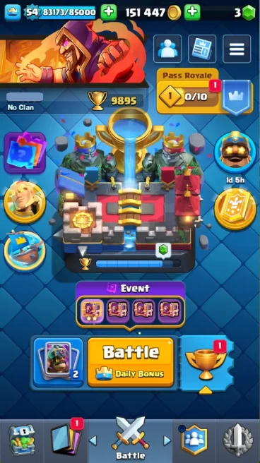 KT 15 | LEVEL 54 | 9895 TROPHIES | 30 MAX CARD | 1 HEROES | 11 EVO | 73 EMOTE | 3 SKIN | 119 CARDS | 151k GOLD | 3 GEMS | RR7