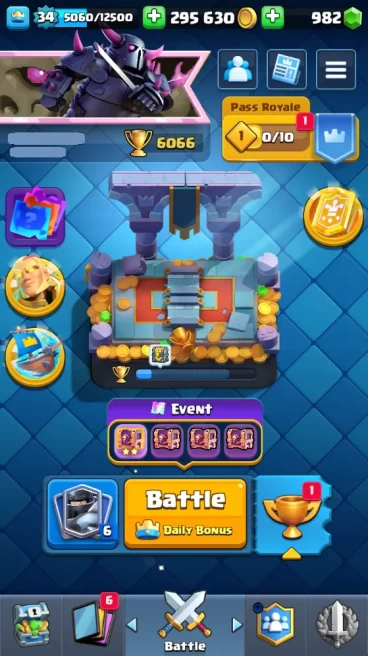 KT 12 | LEVEL 34 | 6066 TROPHIES | 0 MAX CARD | 1 HEROES | 2 EVO | 19 EMOTE | 3 SKIN | 116 CARDS | 295k GOLD | 982 GEMS | RR16