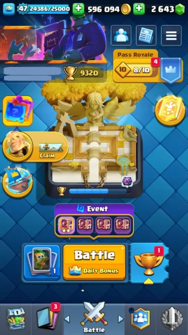 KT 14 | LEVEL 47 | 9320 TROPHIES | 13 MAX CARD | 1 HEROES | 9 EVO | 53 EMOTE | 3 SKIN | 121 CARDS | 596k GOLD | 2643 GEMS | RR23