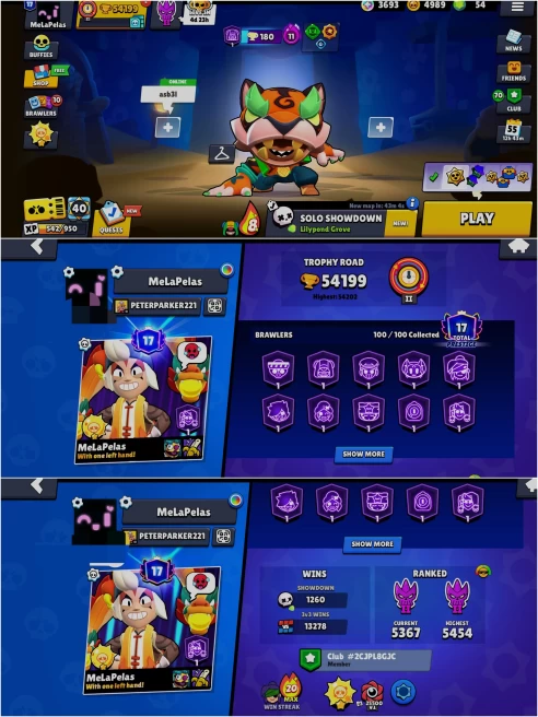 BEST BS 54.1k TROPHY, 100/100 UNLOCKED, 51 HYPERCHARGED, 5 MAXED, 327 OP SKINS [7 MYTHIC+7 LEGENDARY+8 HYPERCHARGED],826 PINS,415 ICON,197 SPRAY
