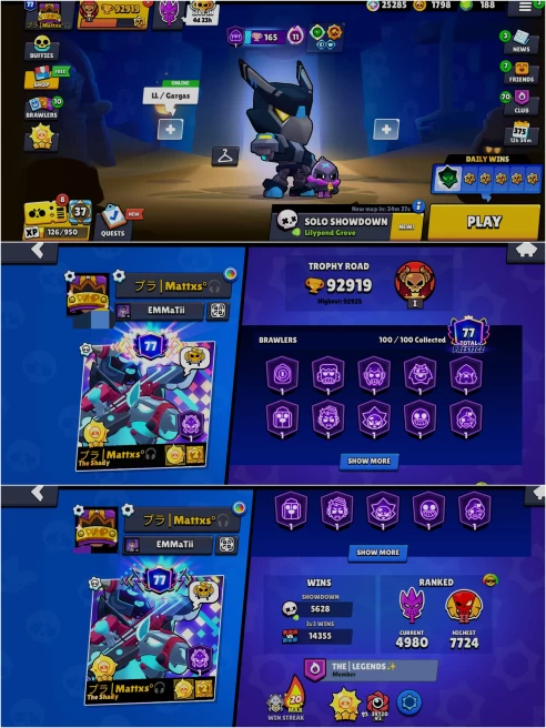 SEXXY BS 92.9k TROPHY, 100/100 UNLOCKED, 72 HYPERCHARGED, 14 MAXED, 361 OP SKINS [14 MYTHIC+8 LEGENDARY+7 HC] ,1130 PINS, 470 ICON,233 SPRAYS