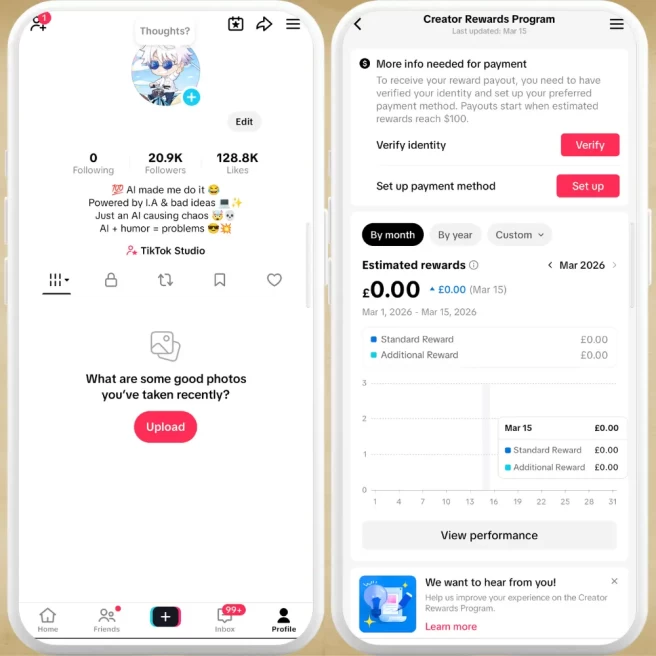 UK Fully Monetized Creator Rewards Program Account – 20K Real Followers & 128K Likes | Instant Earnings, Full Access + Email Included
