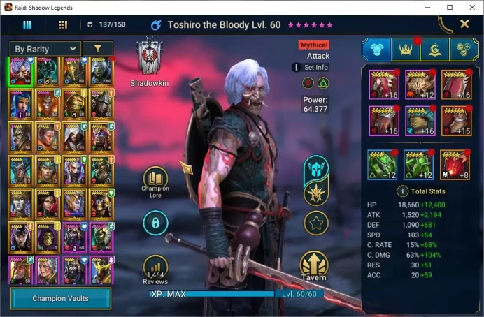 Lv47 797K Power|1 Mythical (Toshiro)|21 Legendary(Ninja,Xenomorph,Roshcard,Artak,Wukong,Etc)|2K Gems+6K Energy|Plarium|(RSL1327)