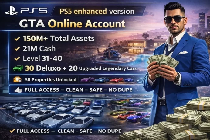 PS5 GTA Online Account – 150M+ Total Assets – 20M+ Cash – Level 30–35 – 28 Deluxo – 20 Upgraded Legendary Cars – All Properties Unlocked