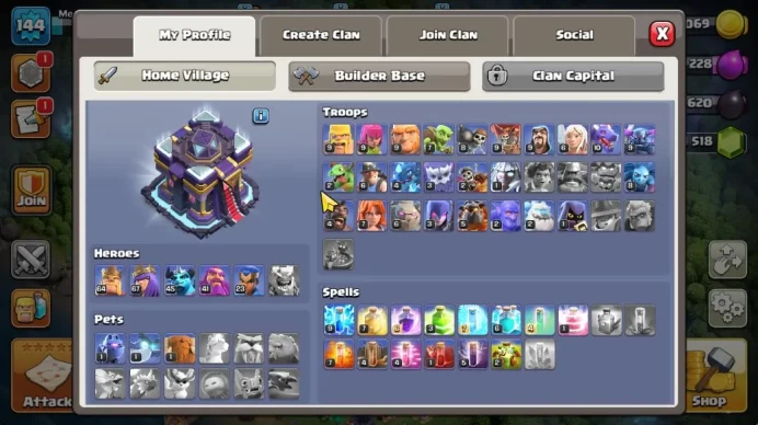 TH 15 - BH 9|Limited Skin|LV 144|HH 7|BK 64,AQ 67,GW 41,MP 45,RC 23|CN ON|Protect OFF|TAKE MAIL(COC2050)