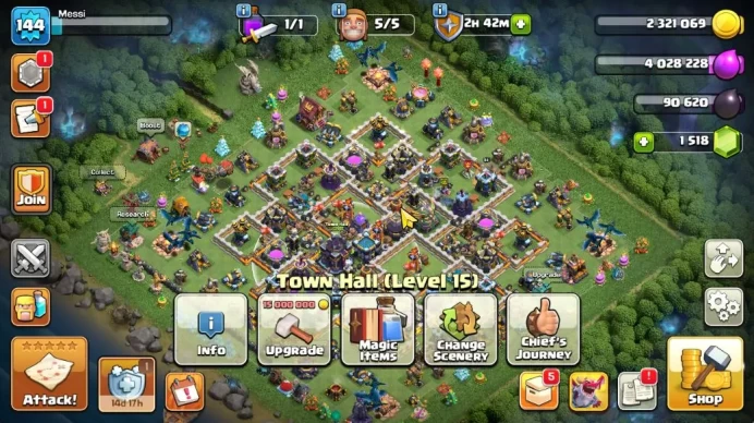 TH 15 - BH 9|Limited Skin|LV 144|HH 7|BK 64,AQ 67,GW 41,MP 45,RC 23|CN ON|Protect OFF|TAKE MAIL(COC2050)