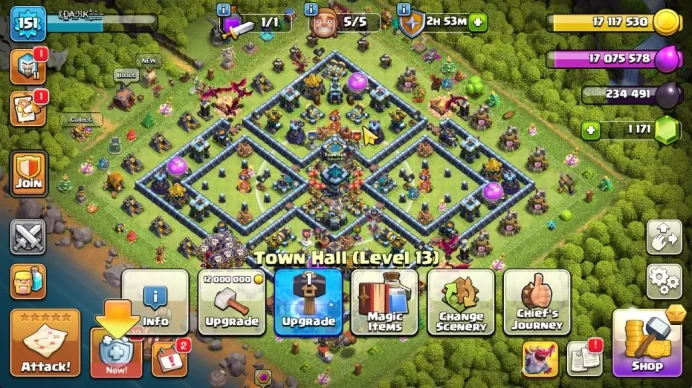 TH 13 - BH 10|Limited Skin|LV 151|HH 7|BK 57,AQ 64,GW 38,MP 36,RC 23|CN OFF|Protect OFF|TAKE MAIL(COC2053)