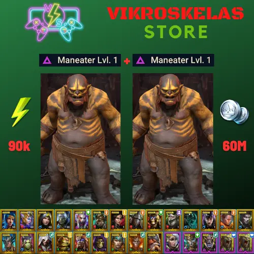 Starter acc with 2 Maneaters : 90k energy / 60 mln coins / Kreela, Arix, Ninja + 20 Login Legendaries / Demytha, Venomage