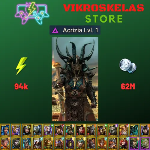 Starter acc with Acrizia : 94k energy / 62 mln coins / Lyssandra, Jagg, Elder Skarg, Arix, Ninja + 20 Login Legendaries / Maneater
