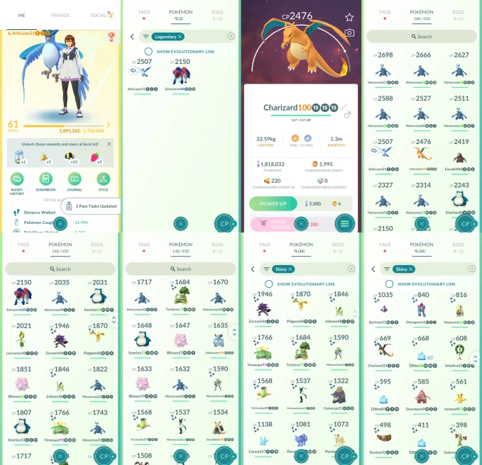 ACm1355 -lv 61 Instinct | x16 2000CP | x2 Legendary | x34 shiny | x6 100IV | Articuno Zamazenta | shiny pokopia Ditto Venusaur Charizard Pikachu