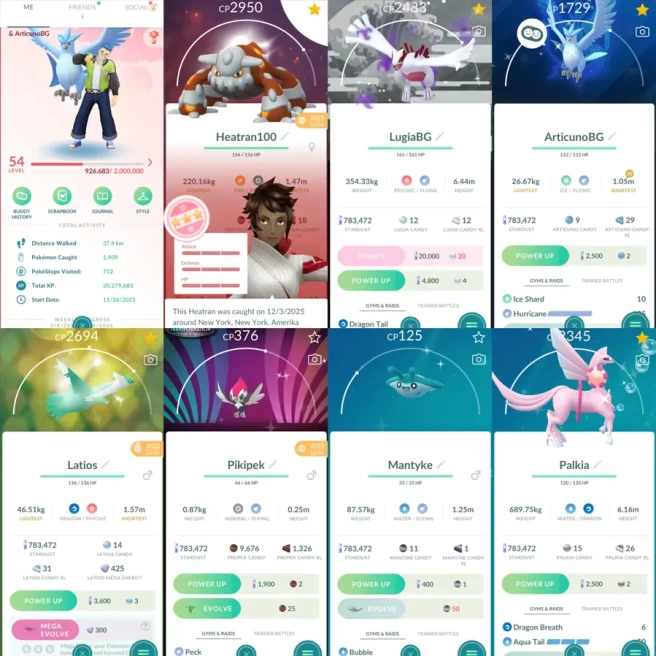 2031 Level 54 Shiny Articuno Mystic BG Shiny Shadow Lugia Silver BG Shiny Mega Latios Shiny Pikipek BG x2