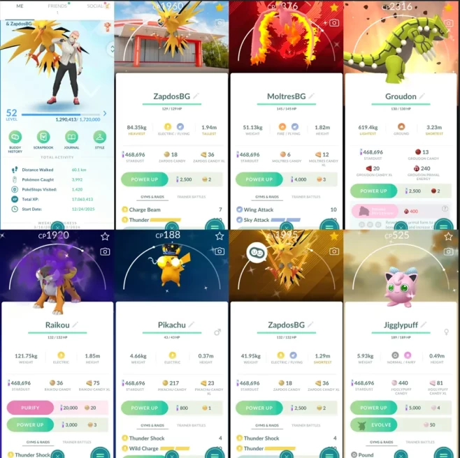 2040 Level 52 Shiny Zapdos Instinct BG Shiny Zapdos PokePark Kanto Japan BG Shiny Moltres Valor BG