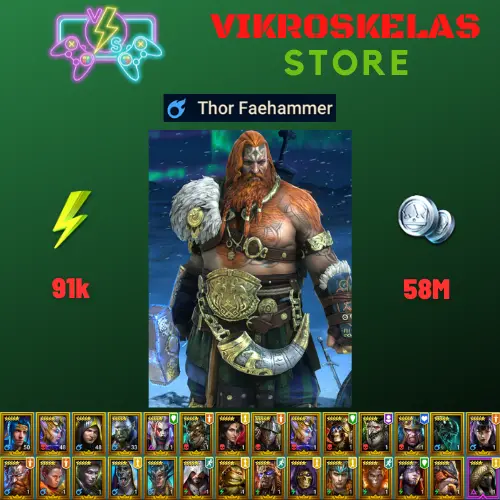 Starter acc with Thor : 91k energy / 58 mln coins / Kyoku, Versulf, Elegaius, Arix, Ninja + 20 Login Legendaries / Skullcrown