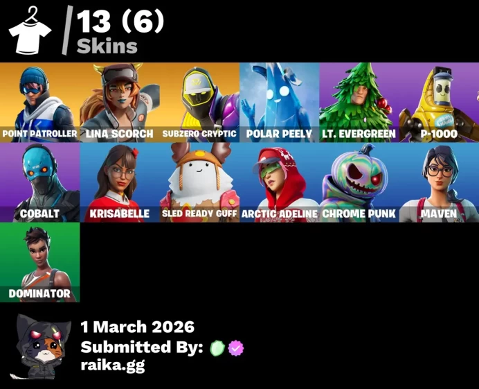 13 skins | Point Patroller | Lina Scorch | Subzero Cryptic | Polar Peely | Lt. Evergreen | P-1000 | Cobalt | Krisabelle | Sled Ready Guff