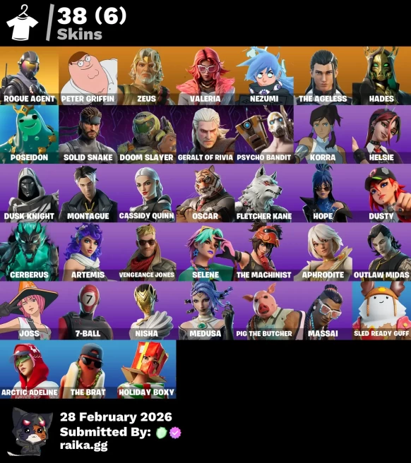 38 skins | Ride The Pony | Snowflake | Rogue Agent | Peter Griffin | Zeus | Valeria | Nezumi | The Ageless | Hades | Poseidon | Solid Snake