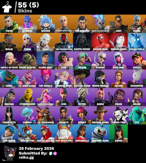 55 skins | Twyn | Kymera | Nezumi | Paradigm (Reality-659) | The Ageless | Renzo the Destroyer | Joey | Ronin | Malik | Torin | Snap