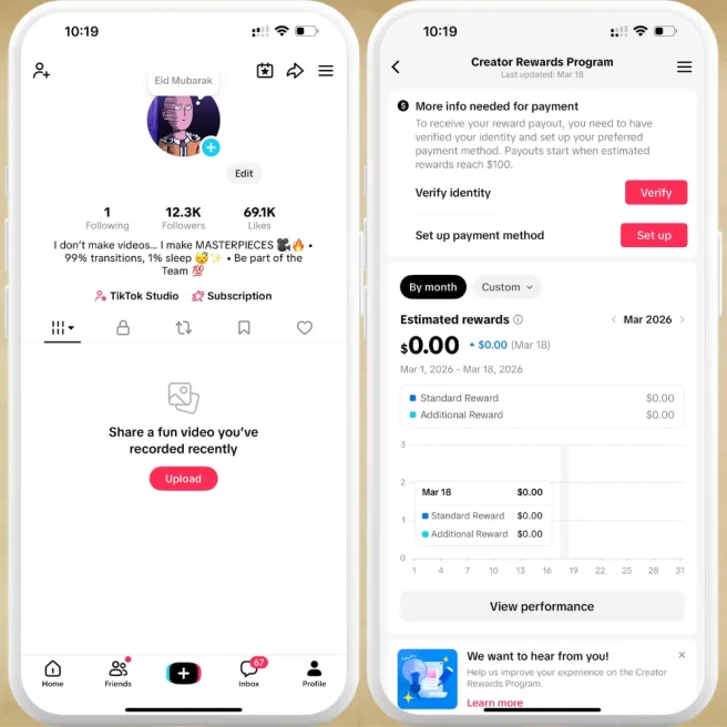 [FRANCE] Fully Monetized Creator Rewards Program Account – 12K Real Followers & 69K Likes | Instant Earnings, Full Access & Good Standing
