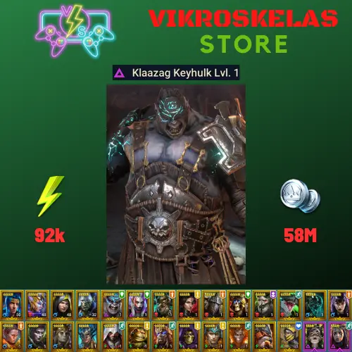 Starter acc with Klaazag : 92k energy / 58 mln coins / Fu-Shan, Lugan, Shemnath, Arix, Ninja + 20 Login Legendaries / Madame Serris
