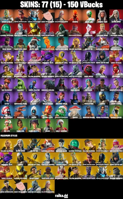 77 skins | Renegade Raider | Knight's Helm | Burning Ambition Valeria | Harbinger Armor Omegarok | Fancy Peter Griffin | A1673