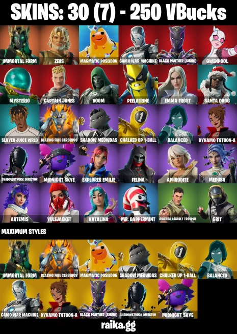 30 skins | Immortal Form | Zeus | Magmatic Poseidon | Camo War Machine | Black Panther (Shuri) | Gwenpool | Mysterio | Captain Jones | A3227