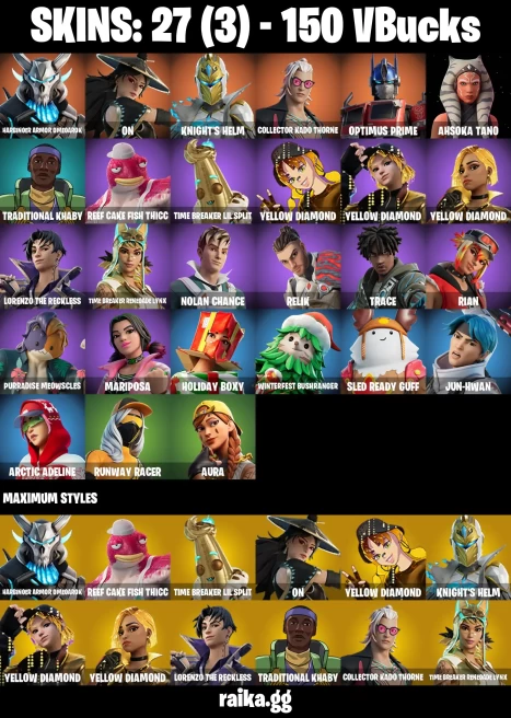 27 skins | Harbinger Armor Omegarok | On | Knight's Helm | Collector Kado Thorne | Optimus Prime | Ahsoka Tano | Traditional Khaby | A3420