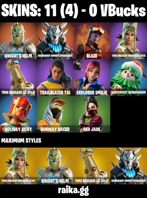 11 skins | Knight's Helm | Harbinger Armor Omegarok | Blaze | Time Breaker Renegade Lynx | Time Breaker Lil Split | Trailblazer Tai | A3693