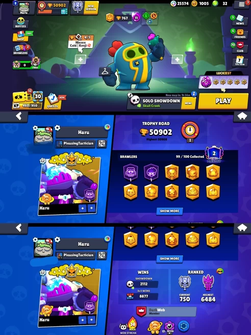 BEST BS 50.9k TROPHY, 99/100 UNLOCKED,29 HYPERCHARGED,7 MAXED,276 OP SKINS [13 MYTHIC+7 LEGENDARY+5 HYPERCHARGED],729 PINS, 384 ICON,205 SPRAYS