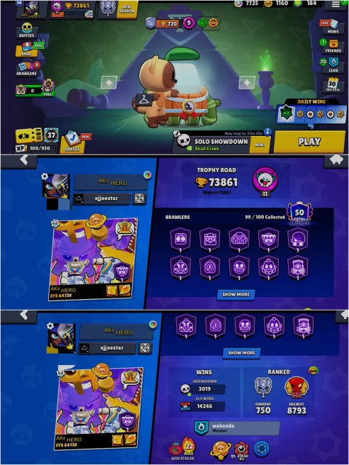 SEXXY BS 73.8k TROPHY, 99/100 UNLOCKED, 42 HYPERCHARGED, 2 MAXED,295 OP SKINS [7 MYTHIC+7 LEGENDARY+10 HYPERCHARGED],821 PINS,376 ICON,179 SPRAY