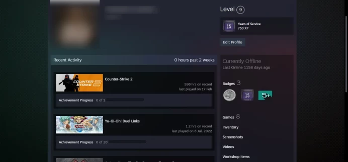 9 Level Steam_<<FACEIT>>_2017, 2018 Service Medal!!! _Last Online 3 year ago <30 Days Warranty>_Global , Loyalty Badge, 5Y _NO VAC _598 hrs`
