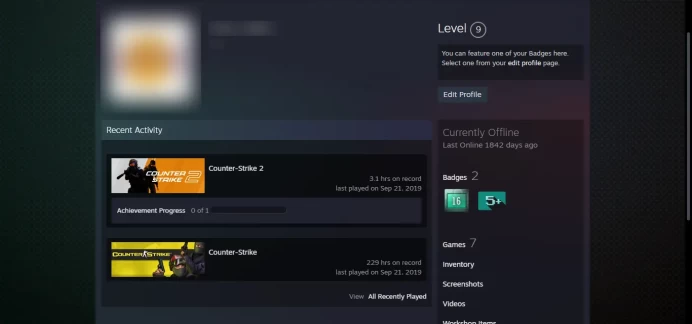 FACEIT _ 9 Level Steam_ Last Online 5 year ago _ < 30 Days Warranty >_ NO VAC_ 10Y, 5Y, Loyalty Badge, Global Badge