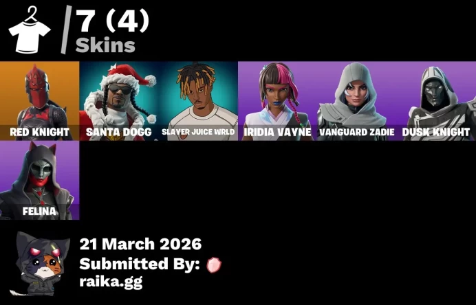 [PC/PSN/XBOX] 7 skins | Red Knight | Santa Dogg | Slayer Juice WRLD | Iridia Vayne | Vanguard Zadie | Blitz Knight | Felina | Red Shield