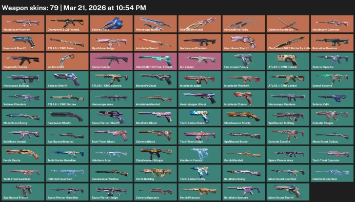 EU / 79 skins / Champions 2025 Vandal / Kuronami no Yaiba / Mystbloom Kunai / Singularity Vandal