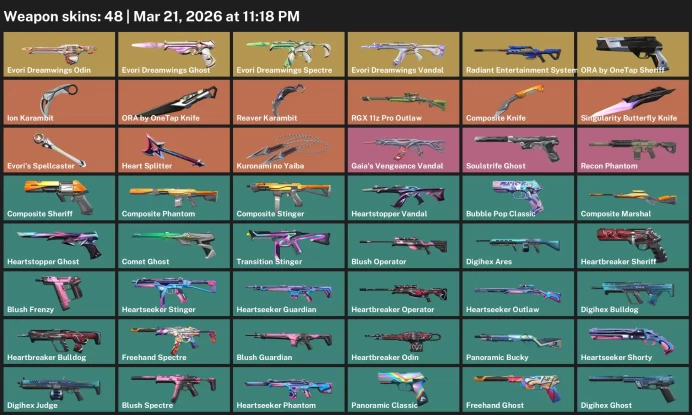 EU / 48 skins / Evori Dreamwings Vandal / Ion Karambit / ORA by OneTap Knife / Gaia's Vengeance Vandal