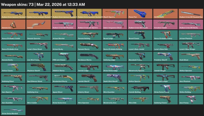 EU / 73 skins / Radiant Entertainment System Bundle / Radiant Crisis 001 Baseball Bat / Forsaken Vandal / Genesis Arc / Catrina / 