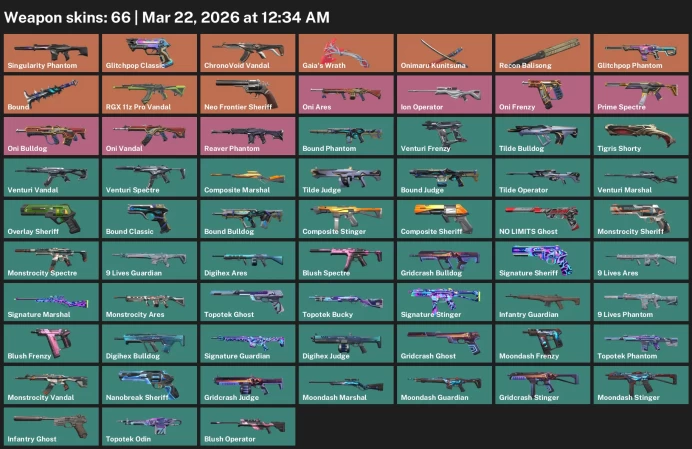 EU / 66 skins / ChronoVoid Vandal / RGX 11z Pro Vandal / Onimaru Kunitsuna / Bound