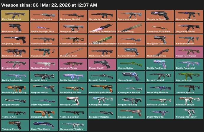 EU / 66 skins / Elderflame Vandal / Divergence Vandal / Singularity Vandal / Champions 2024 Blade