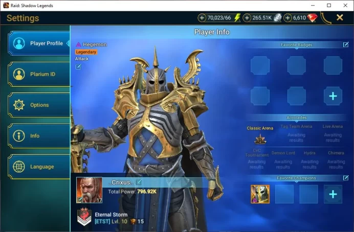 Lv17 796K Power|1 Mythical (Starsage Galathir)|21 Legendary(Rathalos,Bladechorister,Etc)|6K Gems,70K Energy|Plarium|(RSL1343)