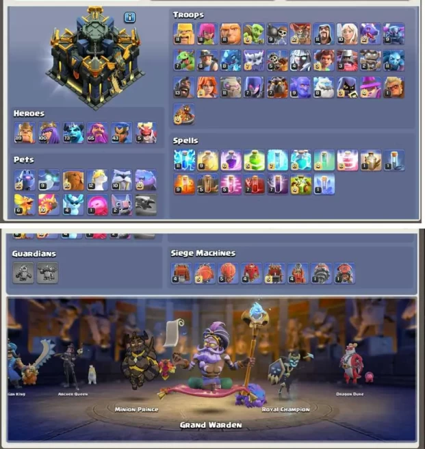 TH17 LVL218 | Heroes : BK81 AQ95 MP52 GW59 RC43 DD4 | 2.5K Gems | Decent Base | Best Price | War Stars, Magic Items, Equipment Epic, Hero Skin